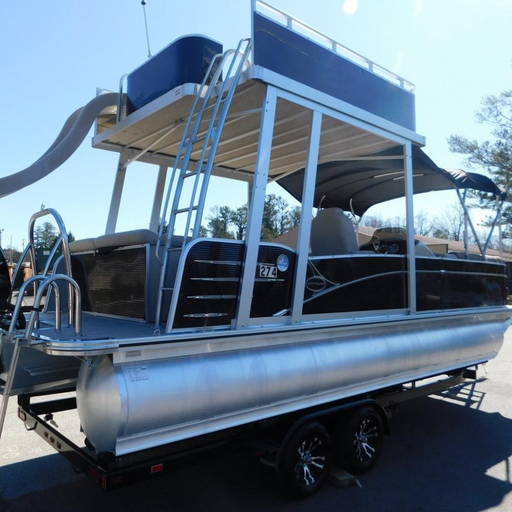 Luxury 25 Ft Double Decker Tritoon House Boat with Cabin Slide Trailer Outboard Motor Surfing Fishing Rivers Outdoor Adventure