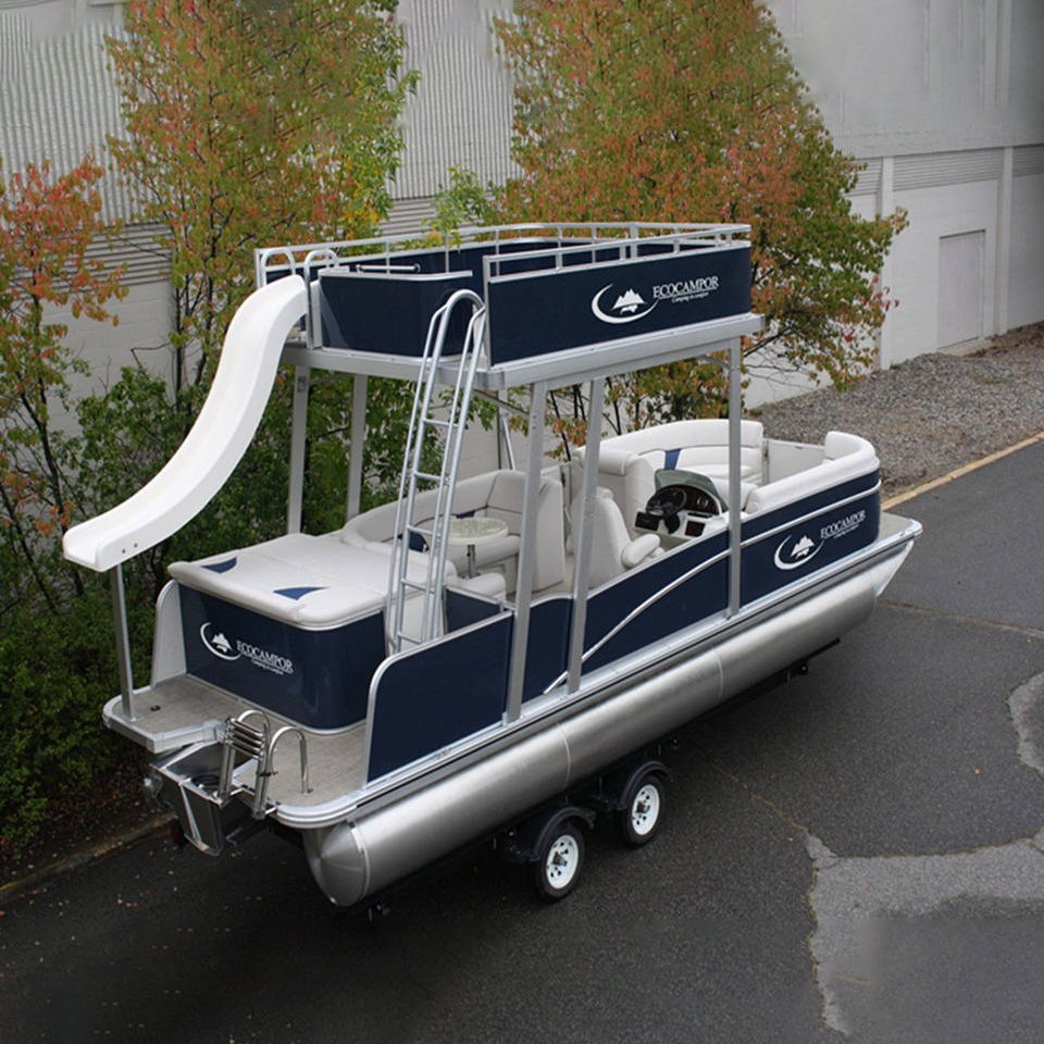 Luxury 25 Ft Double Decker Tritoon House Boat with Cabin Slide Trailer Outboard Motor Surfing Fishing Rivers Outdoor Adventure