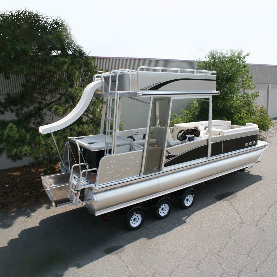 Luxury 25 Ft Double Decker Tritoon House Boat with Cabin Slide Trailer Outboard Motor Surfing Fishing Rivers Outdoor Adventure