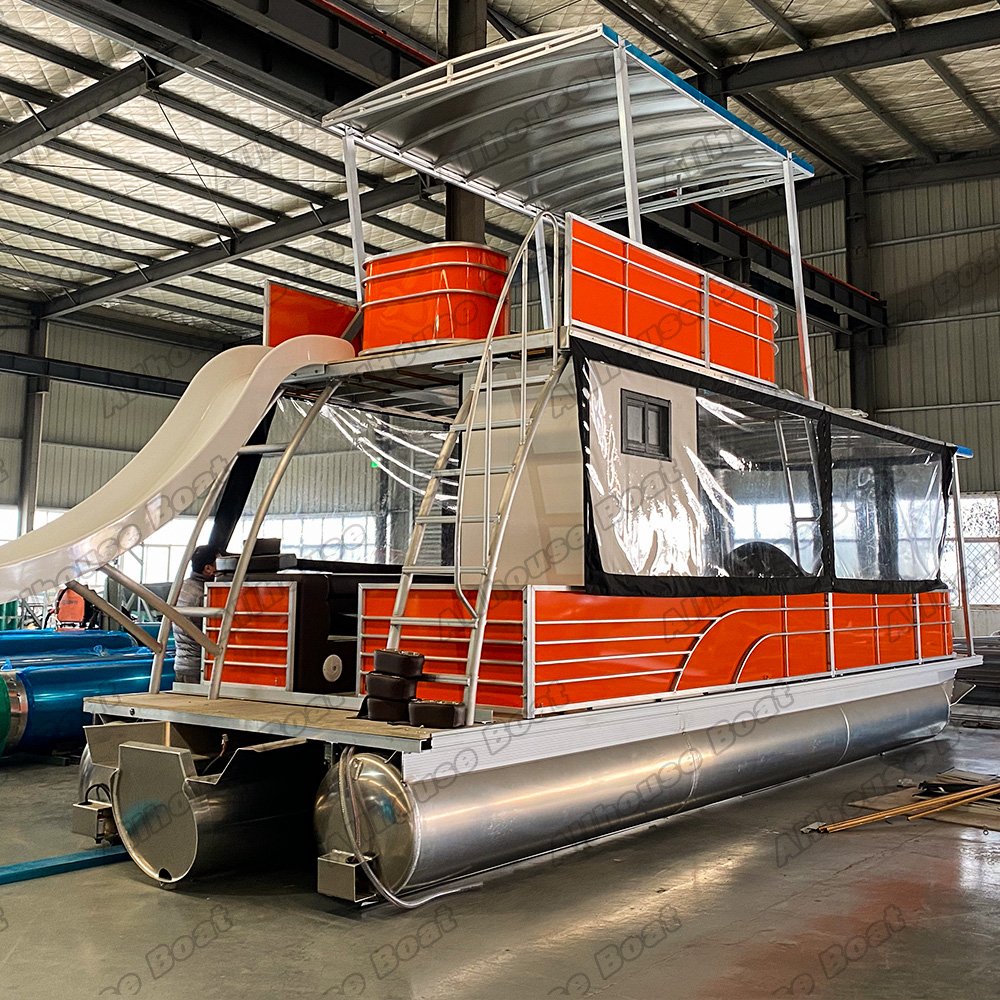 Allhouse 27ft Luxury Double Decker Inflatable Pontoon Fishing Boat Kits Direct Manufacturer Outboard Engine Aluminium Floating