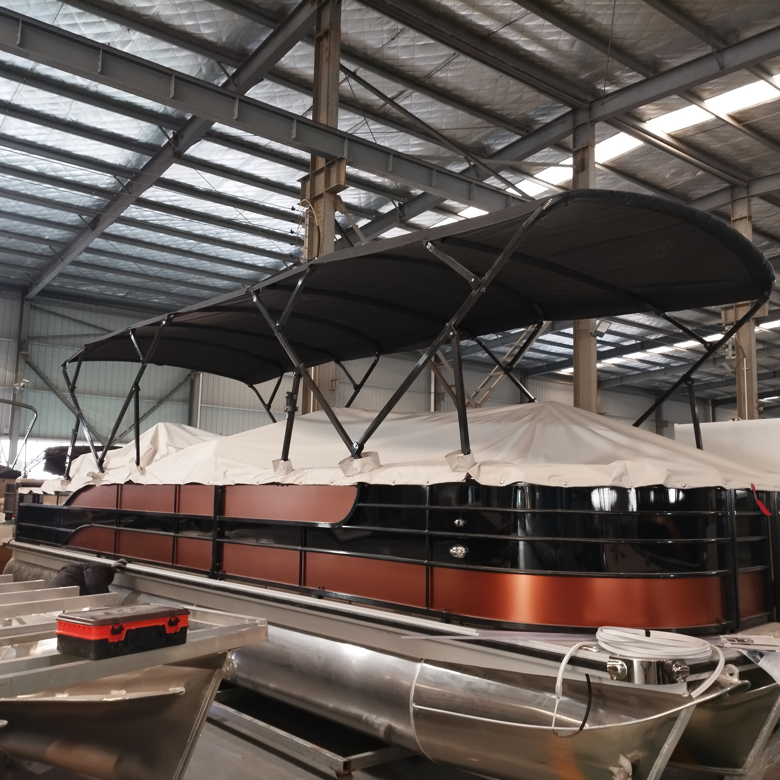 2025 Allhouse 29 Ft Pontoon Boat Aluminium Hull Bimini Top Outboard Floating Boat House 8 Persons Fiberglass Lake Outdoor
