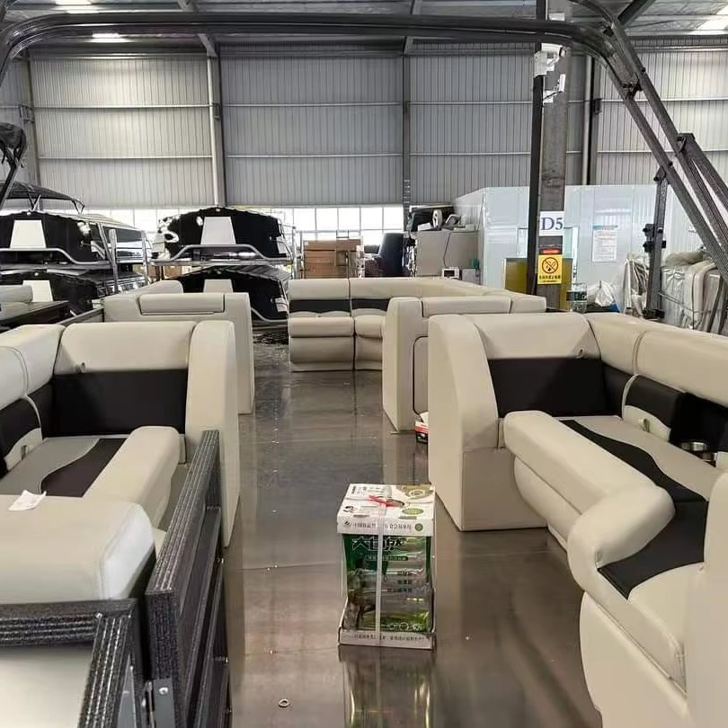 2025 Allhouse 29 Ft Pontoon Boat Aluminium Hull Bimini Top Outboard Floating Boat House 8 Persons Fiberglass Lake Outdoor