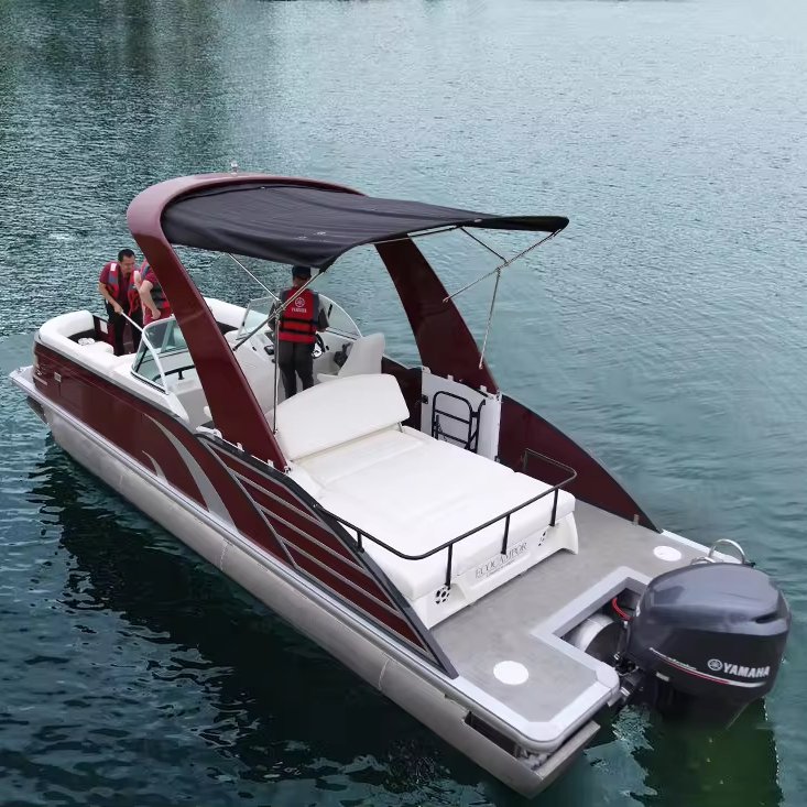 Kinocean 27 Feet Luxury Sport Pontoon Boat for Rowing for Lakes and Rivers with Integrated Fiberglass Fence