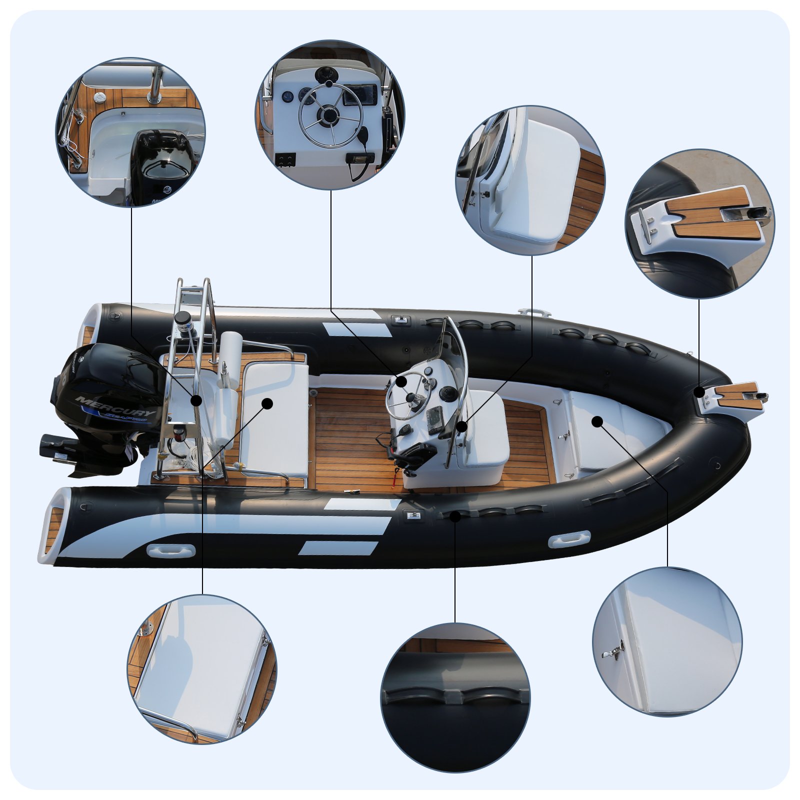 Double Hull Inflatable Fishing Rowing Boat with Outboard Engine PVC Hypalon and Fiberglass Hull for Yacht Dealers Sale