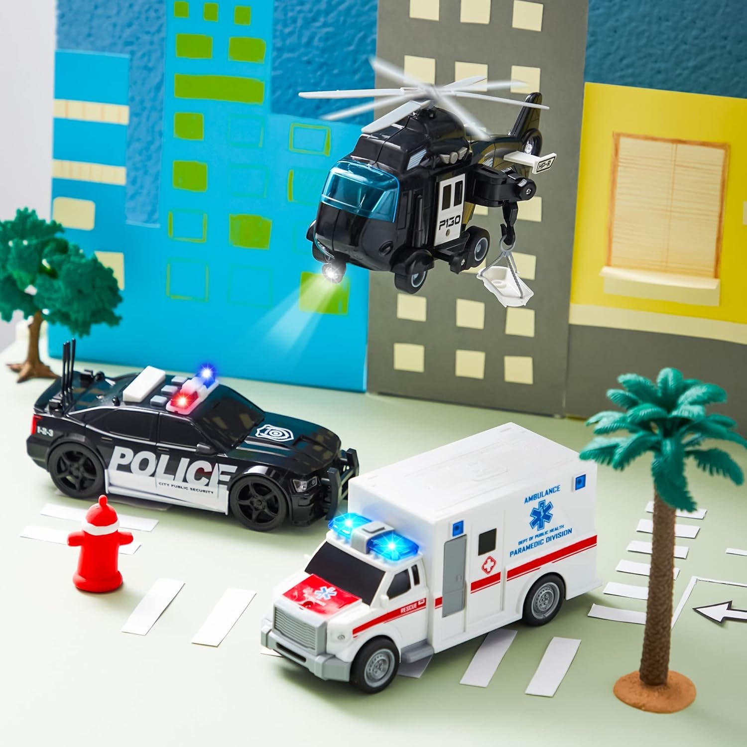 Toddler Truck Toys Police Car Emergency Vehicle Friction Powered Car Birthday Gifts for Boys Girls Age 3-9