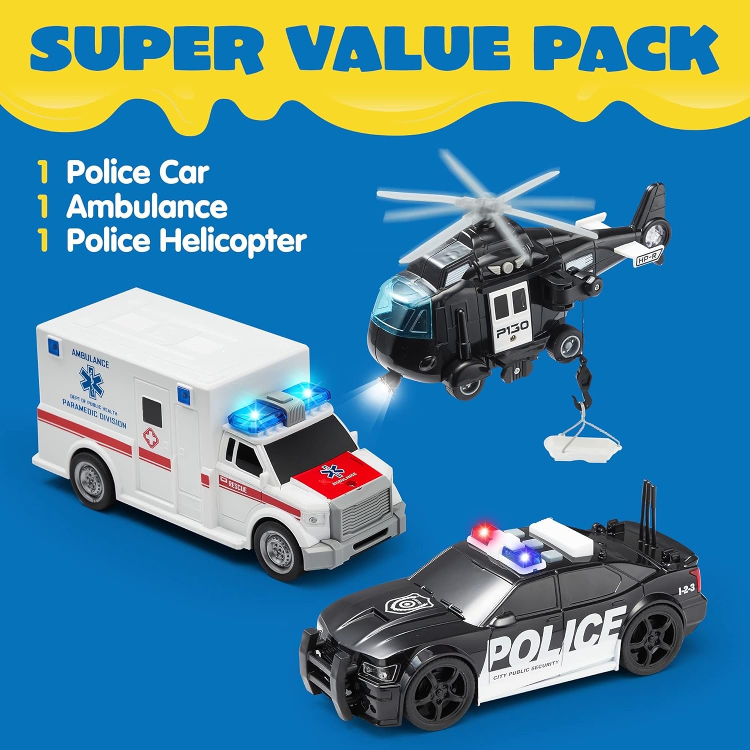 Toddler Truck Toys Police Car Emergency Vehicle Friction Powered Car Birthday Gifts for Boys Girls Age 3-9