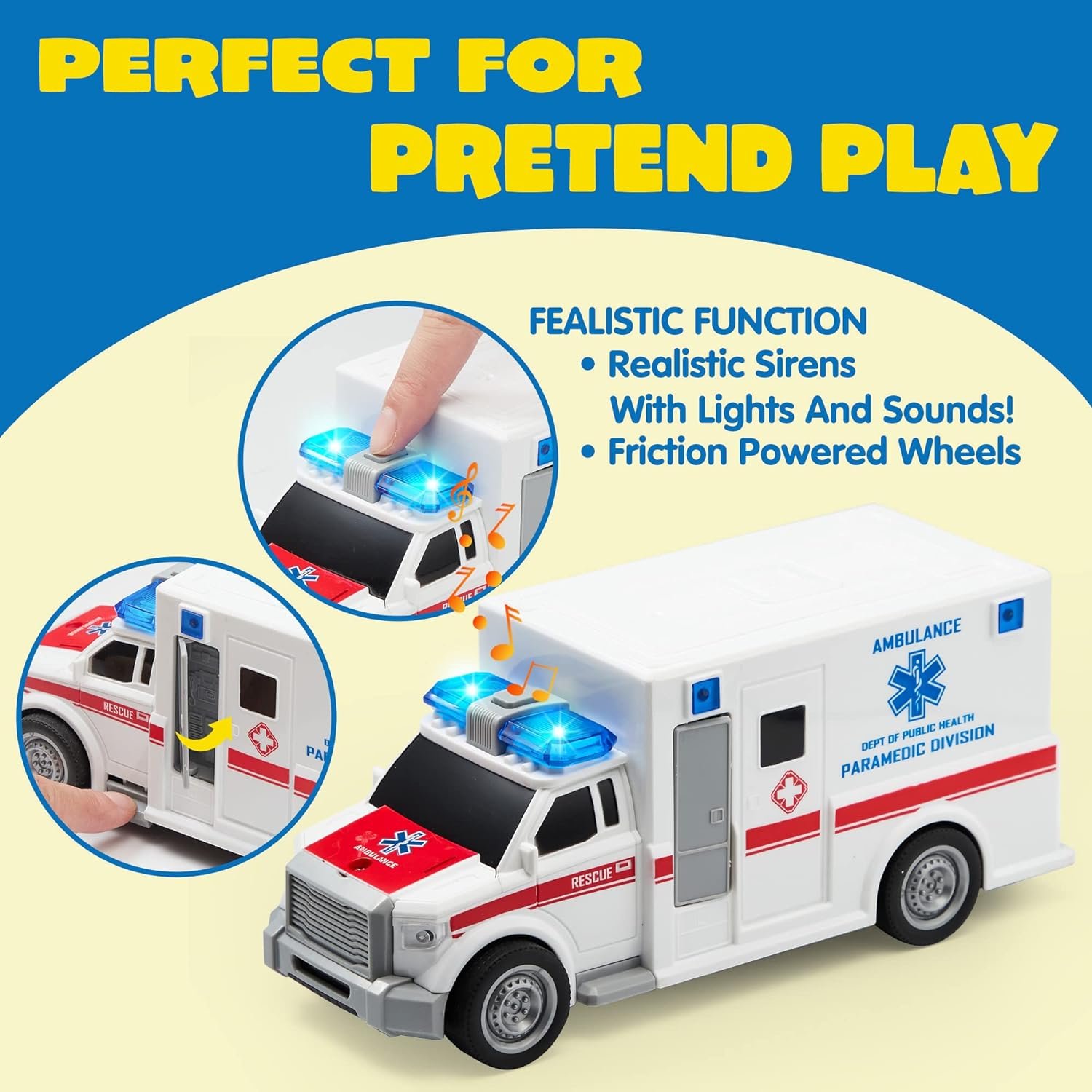 Toddler Truck Toys Police Car Emergency Vehicle Friction Powered Car Birthday Gifts for Boys Girls Age 3-9