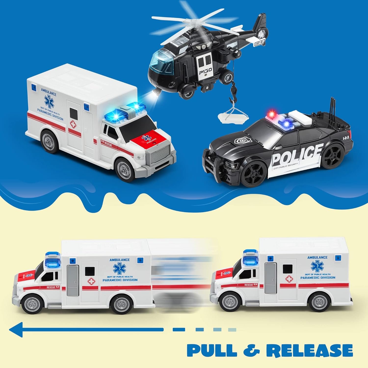 Toddler Truck Toys Police Car Emergency Vehicle Friction Powered Car Birthday Gifts for Boys Girls Age 3-9