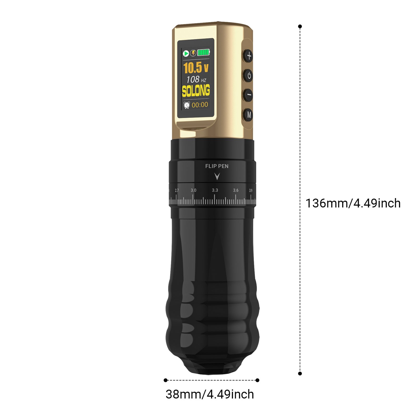 Solong Golden-Black New Design 2.4~4.2mm adjustable stroke1800mAh batteries Wireless Tattoo Machine Pen
