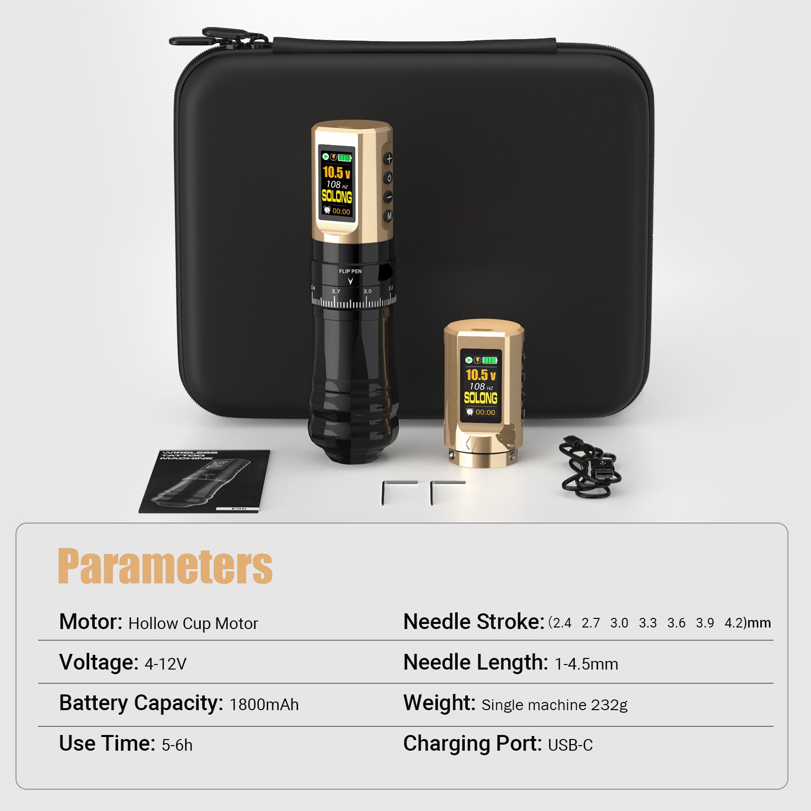 Solong Golden-Black New Design 2.4~4.2mm adjustable stroke1800mAh batteries Wireless Tattoo Machine Pen