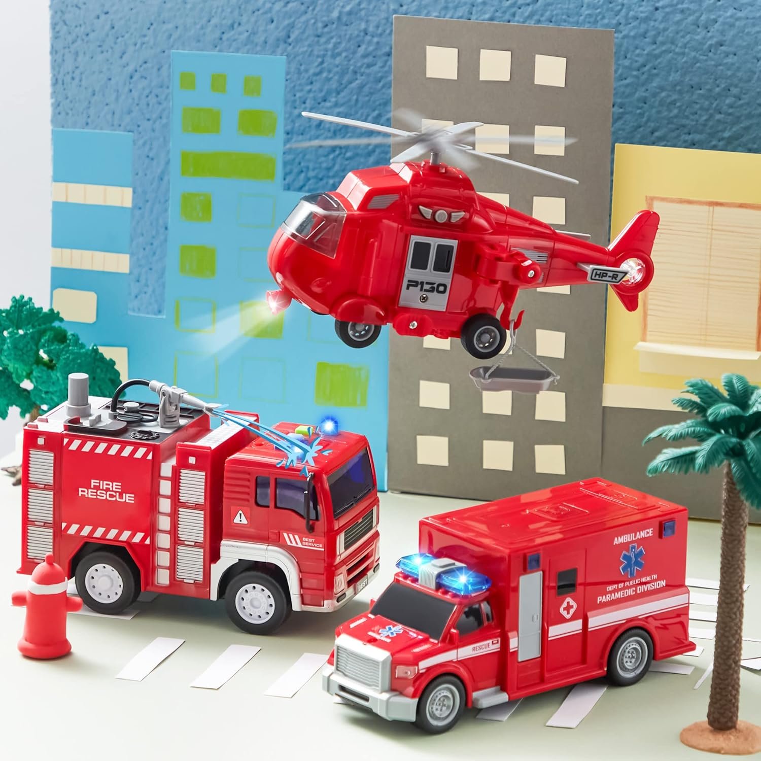 Toddler Truck Toys Fire Engine Emergency Vehicle Kids Firetruck Friction Powered Car Birthday Gifts for Boys Girls Age 3-9