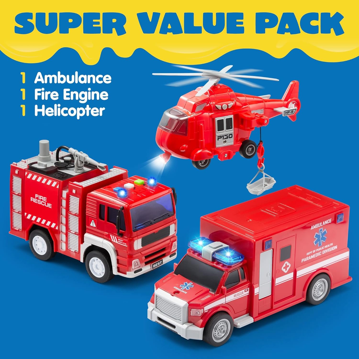 Toddler Truck Toys Fire Engine Emergency Vehicle Kids Firetruck Friction Powered Car Birthday Gifts for Boys Girls Age 3-9