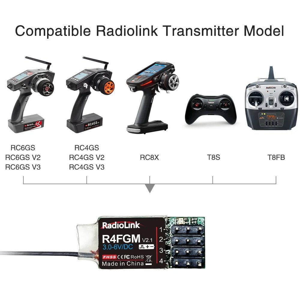 Radiolink R4FGM Mini 4-Channel Receiver Gyro RC Pocket Drift Cars Compatible RC4GS RC6GS T8S T8FB Drones Accessories