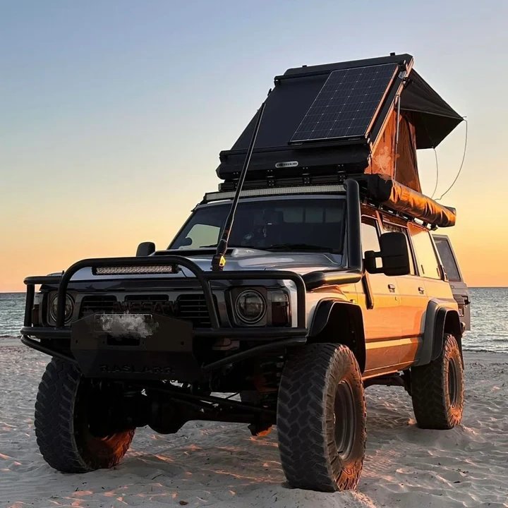 DrunkenXp 3-4 Person Triangle Camping Car Rooftop Tent Aluminum Shell Top Roof Tent with Longer Flysheet
