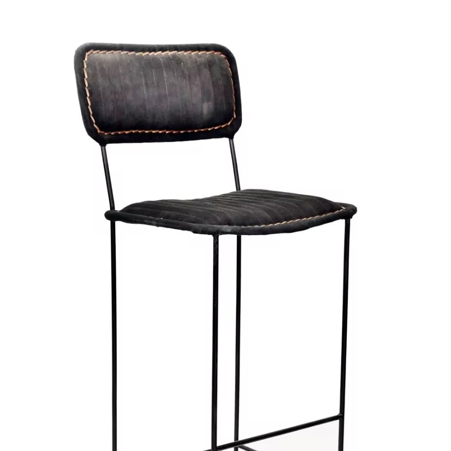 Modern Rustic Luxe Black Leather Barstool Chair & Rustic Pipe Metal Aviator Style Backed Bar Stool