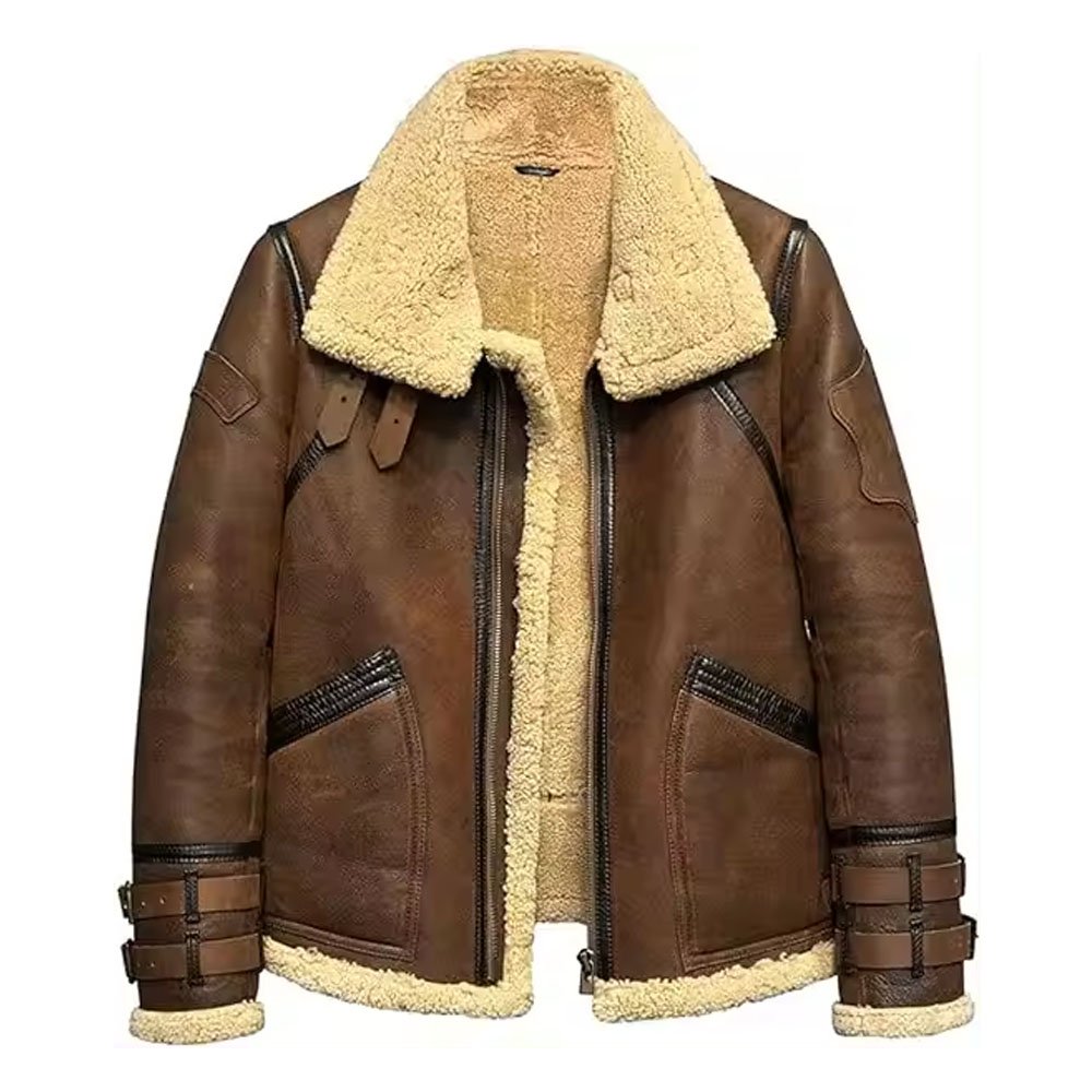 Custom Style Men's Aviator Bomber Jacket New Arrival Shearling Leather Jacket with Fur Collar Winter Coat
