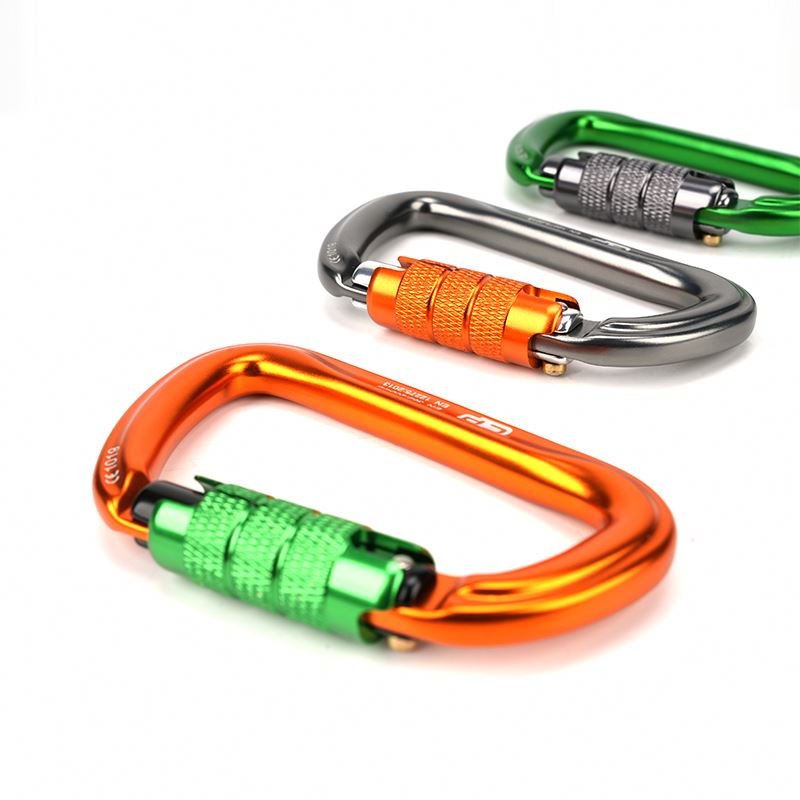 Wholesale 35kN Outdoor Aluminum D-Shape Climbing Snap Hook Triple Locking Carabiner Customized Logo Color Classic Safety Style