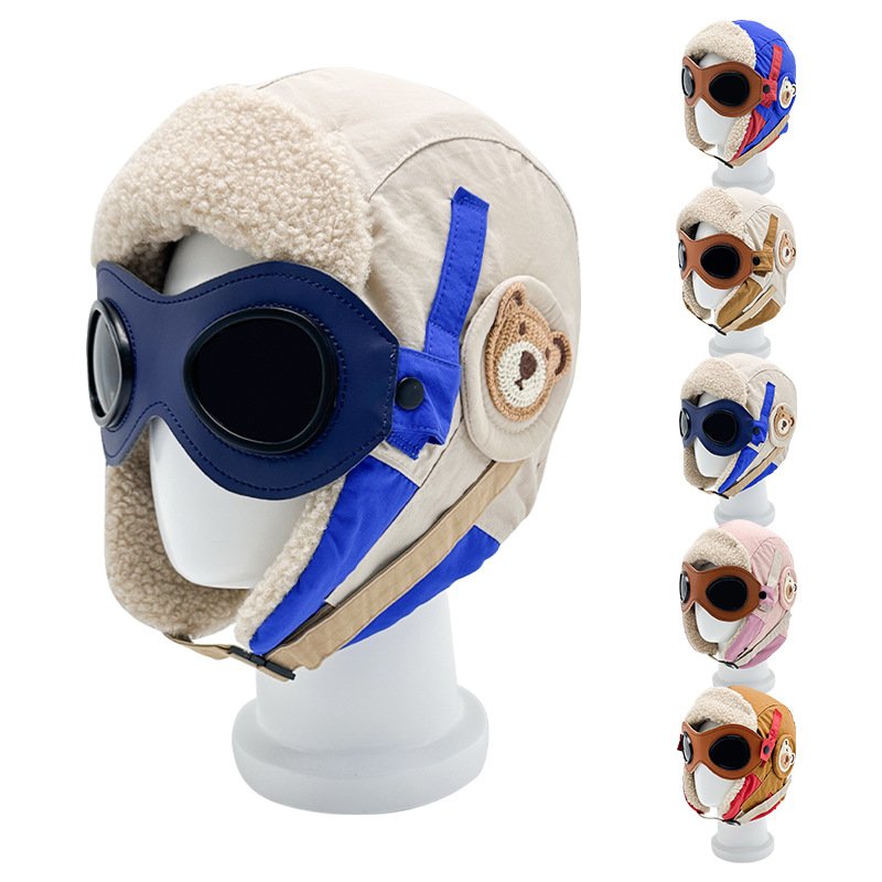 Vintage Kids Aviator Hat and Goggles Costume Accessories Fur Ear Flaps Trooper Trapper Pilot Cap for Children