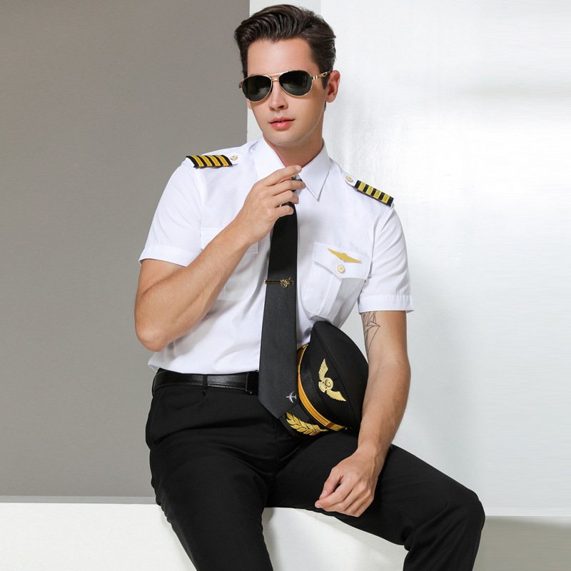 Men's Summer Aviation Uniform Captain's Work Shirt White Long-sleeved Short-sleeved pilot Cadet Uniform Shirt Set