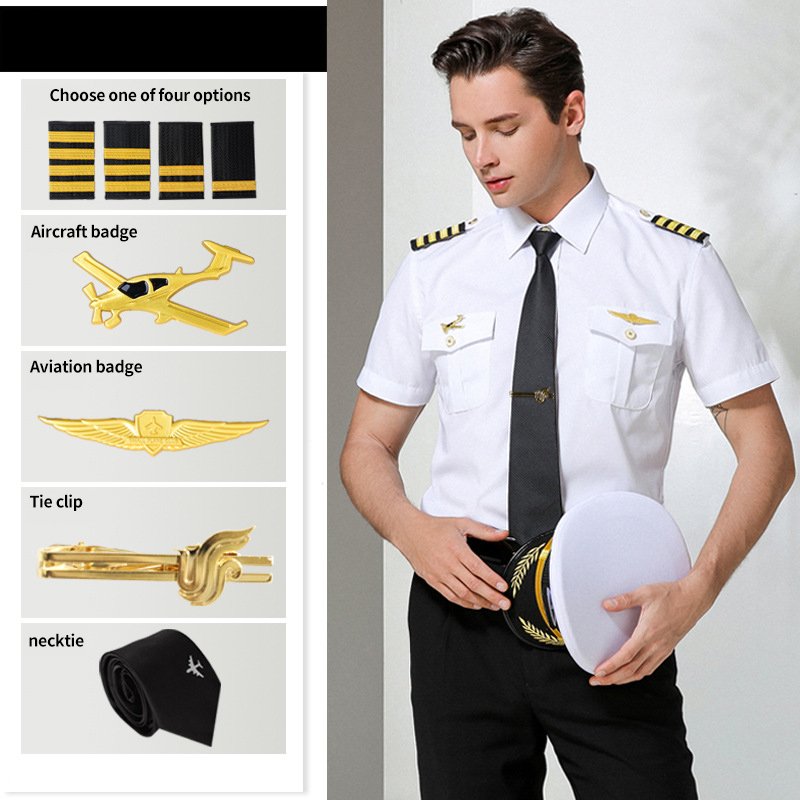 Men's Summer Aviation Uniform Captain's Work Shirt White Long-sleeved Short-sleeved pilot Cadet Uniform Shirt Set