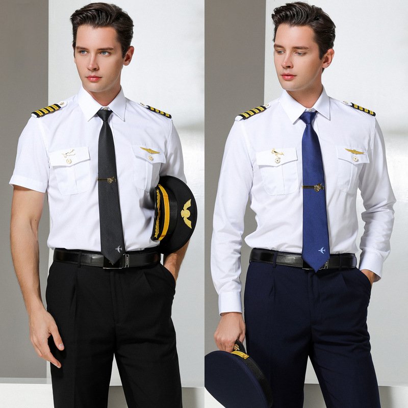 Men's Summer Aviation Uniform Captain's Work Shirt White Long-sleeved Short-sleeved pilot Cadet Uniform Shirt Set