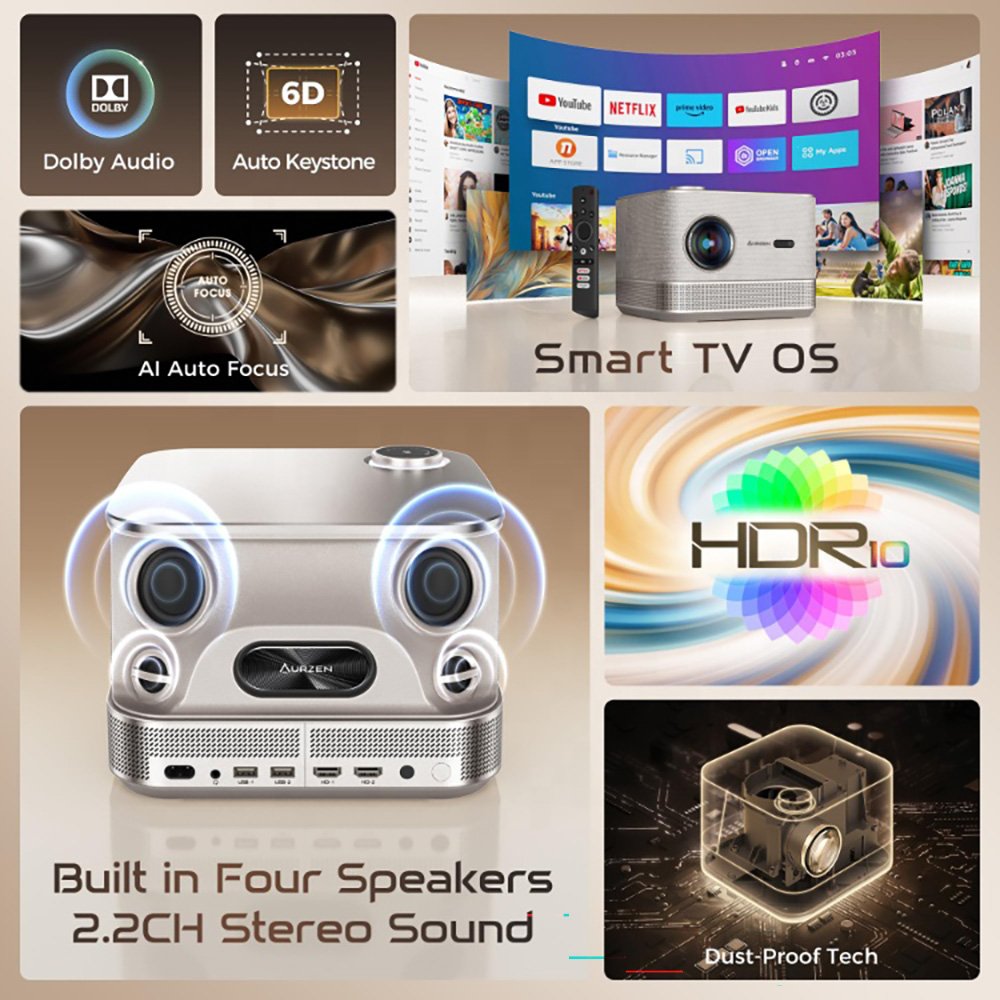 Aurzen Boom 3 Gold All-ln-One 3D DoIby 36W Speakers Projector Netflix Official Smart 4K Projector with WiFi and Bluetooth