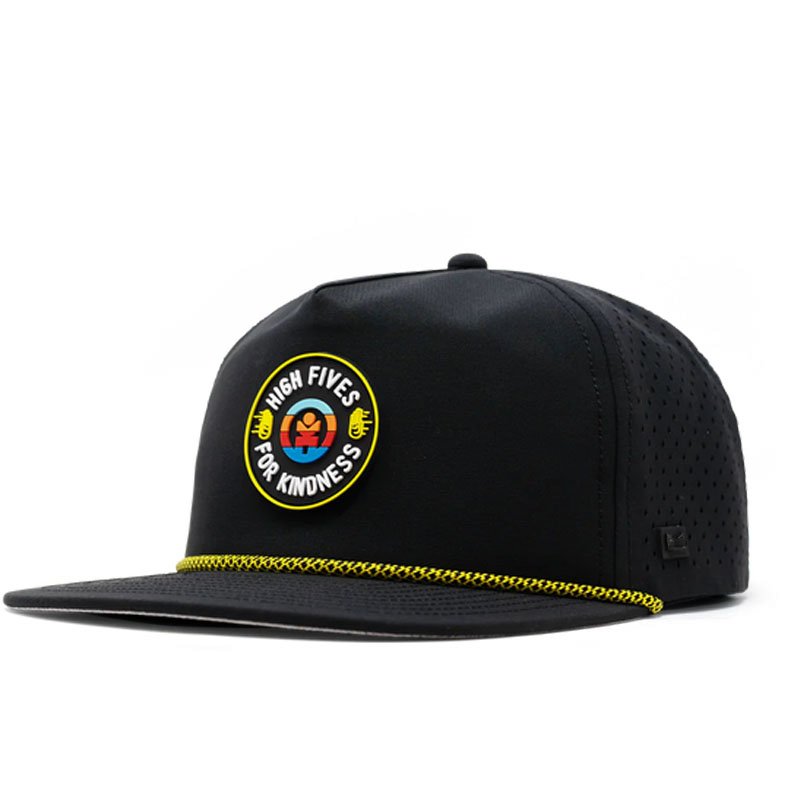 Custom Waterproof Laser Cut Perforated Quick Dry Blank Trucker Hat 5 Panel Custom PVC Rubber Patch Unstructured Rope Dad Cap