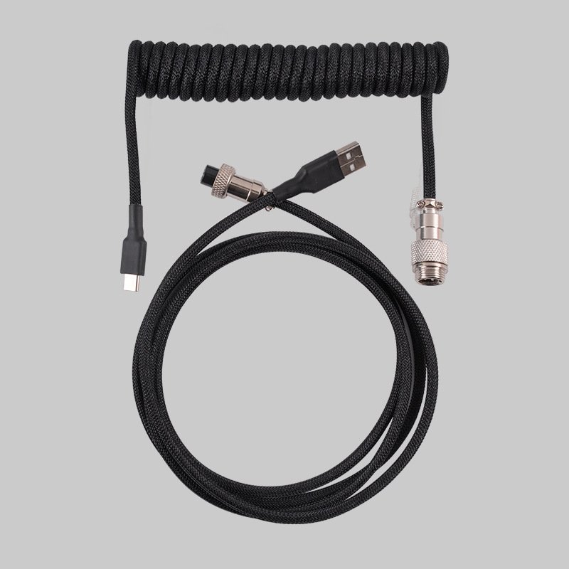 GIET L Shape Single Sleeved PET Coiled Type C Cable for Mechanical Keyboard Coiling Spring Sprial Cable with GX12 Aviator 1.5M