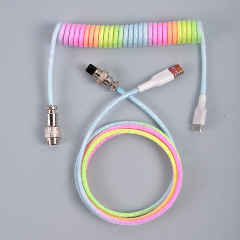 GIET L Shape Single Sleeved PET Coiled Type C Cable for Mechanical Keyboard Coiling Spring Sprial Cable with GX12 Aviator 1.5M