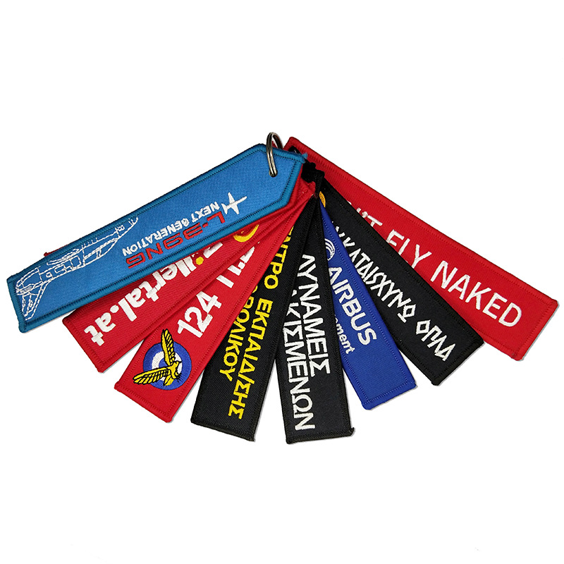 No Minimum Moq Custom Brand Name Logo Flight Aviation Embroidery Anime Fabric Woven Tag Keychain Key Chain Patches