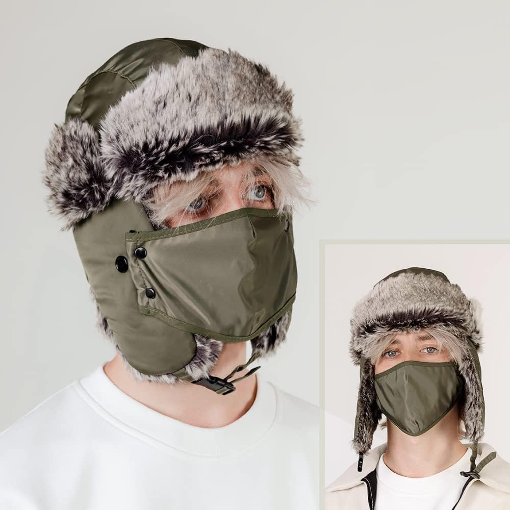 Custom Fur Earflap Snowboarding Aviator Russian Warm Winter Hat Trooper Ushanka Faux Sherpa Trapper Hat for Men Unisex Adults