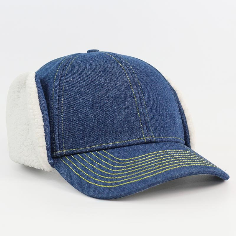 Unisex Fleece Ear Flap Lining Thermal Winter Warm 6 Panel Man Leather Strap Jean Denim Baseball aviator Hat With Earflaps