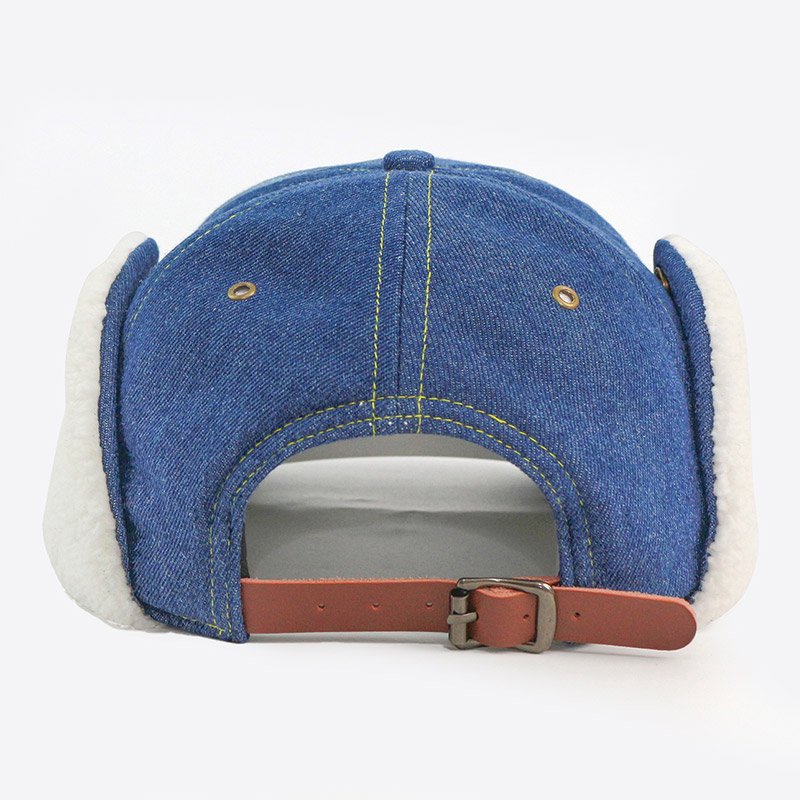 Unisex Fleece Ear Flap Lining Thermal Winter Warm 6 Panel Man Leather Strap Jean Denim Baseball aviator Hat With Earflaps