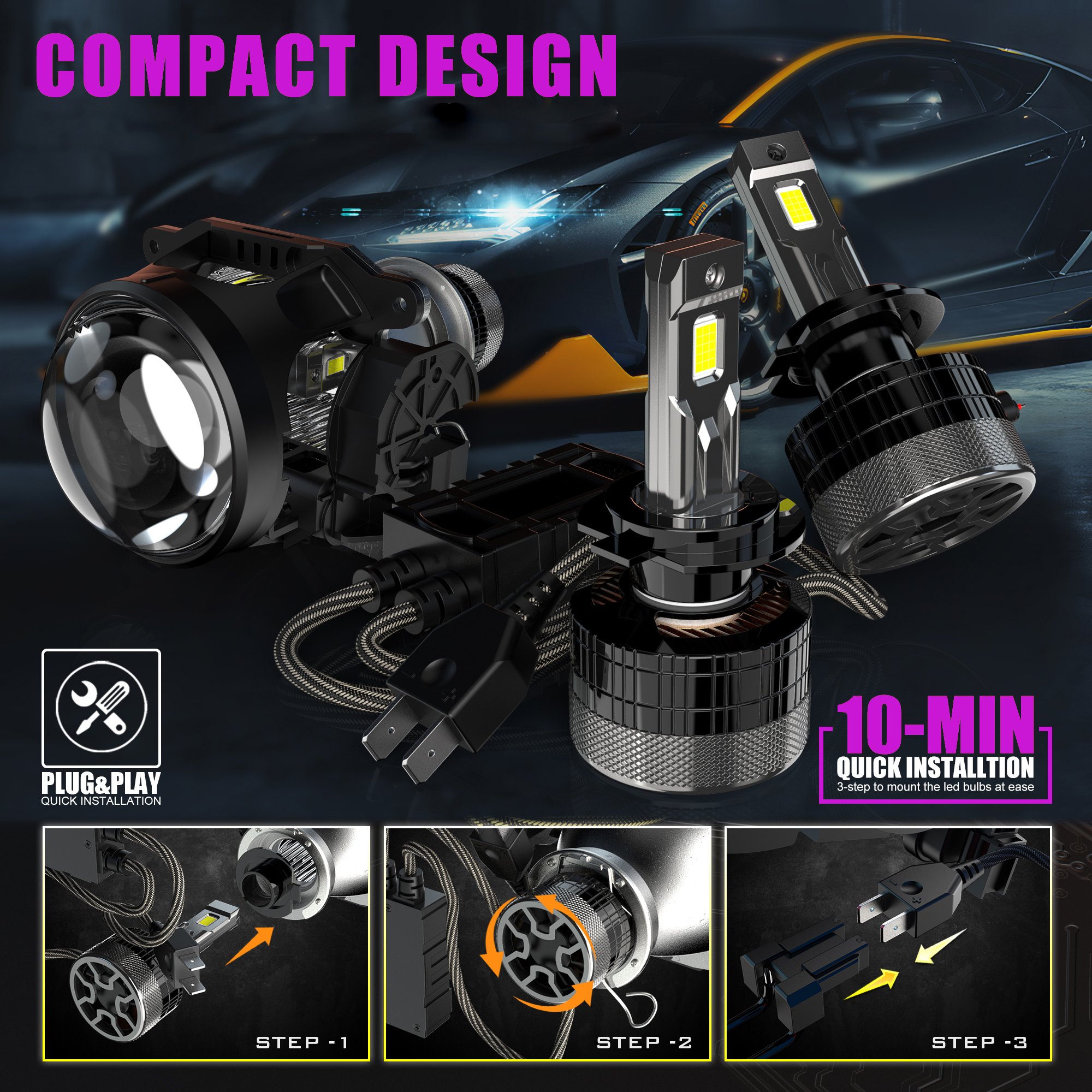 X-7SEVEN Super Bright X-Black Samurai 3 Copper Tubes 9005 9006 Single Beam 6500K White 250W 55000 Lumens Led Headlight for Car