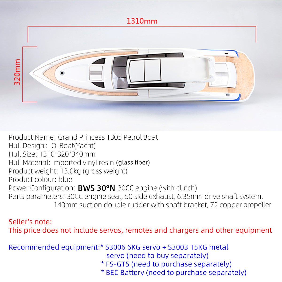 TFL Grand 1305 Princess 1310mm Boat 30CC Engine with Dual Rudder System Fiber Glass Gas RC Boat