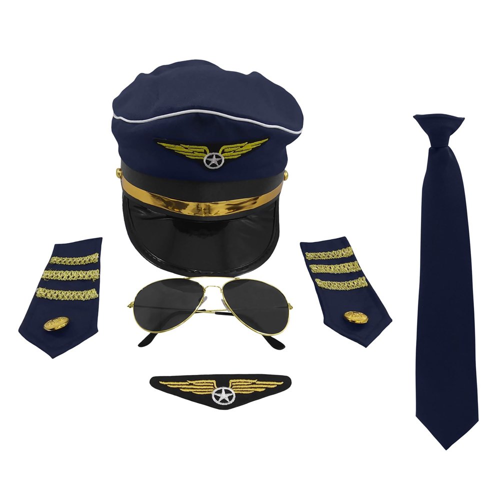 Pilot Costume Kit With Hat Aviator Sunglasses Tie Pin for Men Aviation Halloween Dress up Accessories Set
