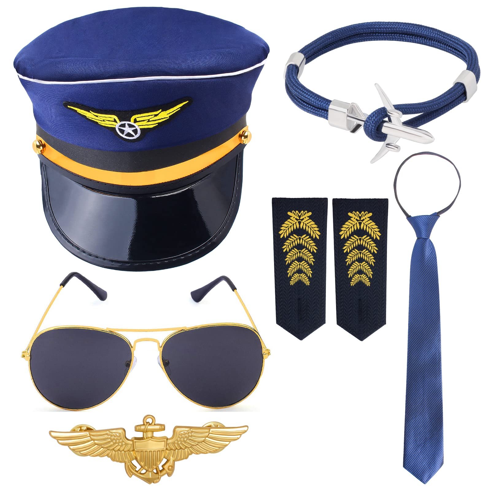 Pilot Costume Kit With Hat Aviator Sunglasses Tie Pin for Men Aviation Halloween Dress up Accessories Set