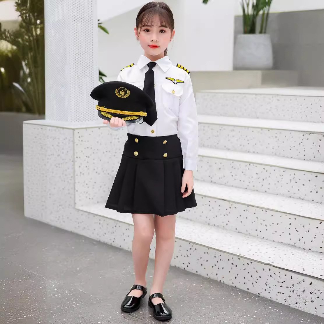 Pilot Costume for Kids Airline Captain Uniform Black and White