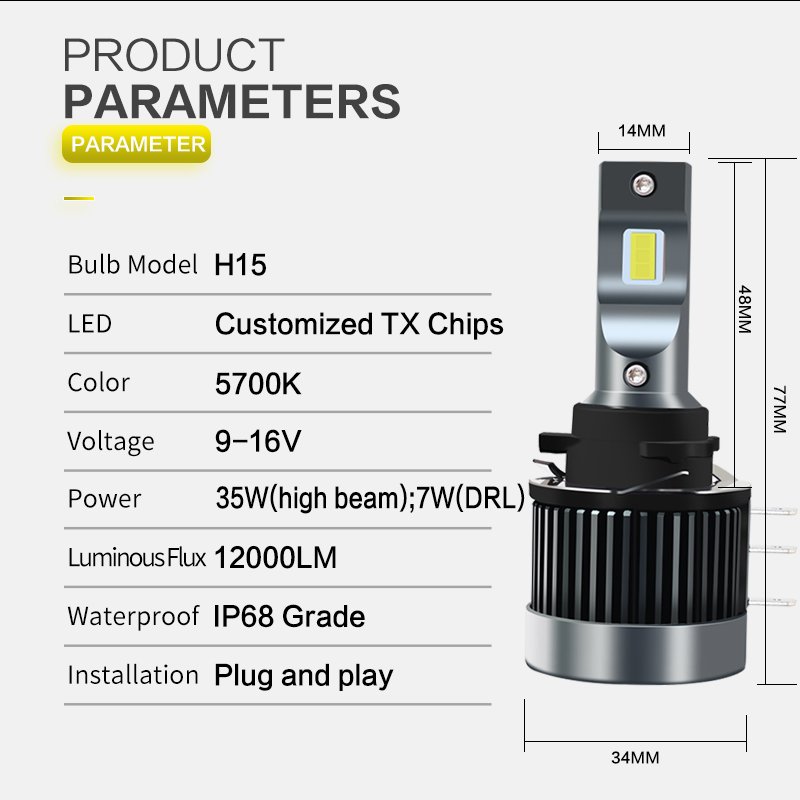 R8 Canbus H15 Car LED Headlight Bulb Plug and Play 5700K 12000LM High Beam DRLs for Explorer Edge Range Golf 6/7 A3 A6 Q7
