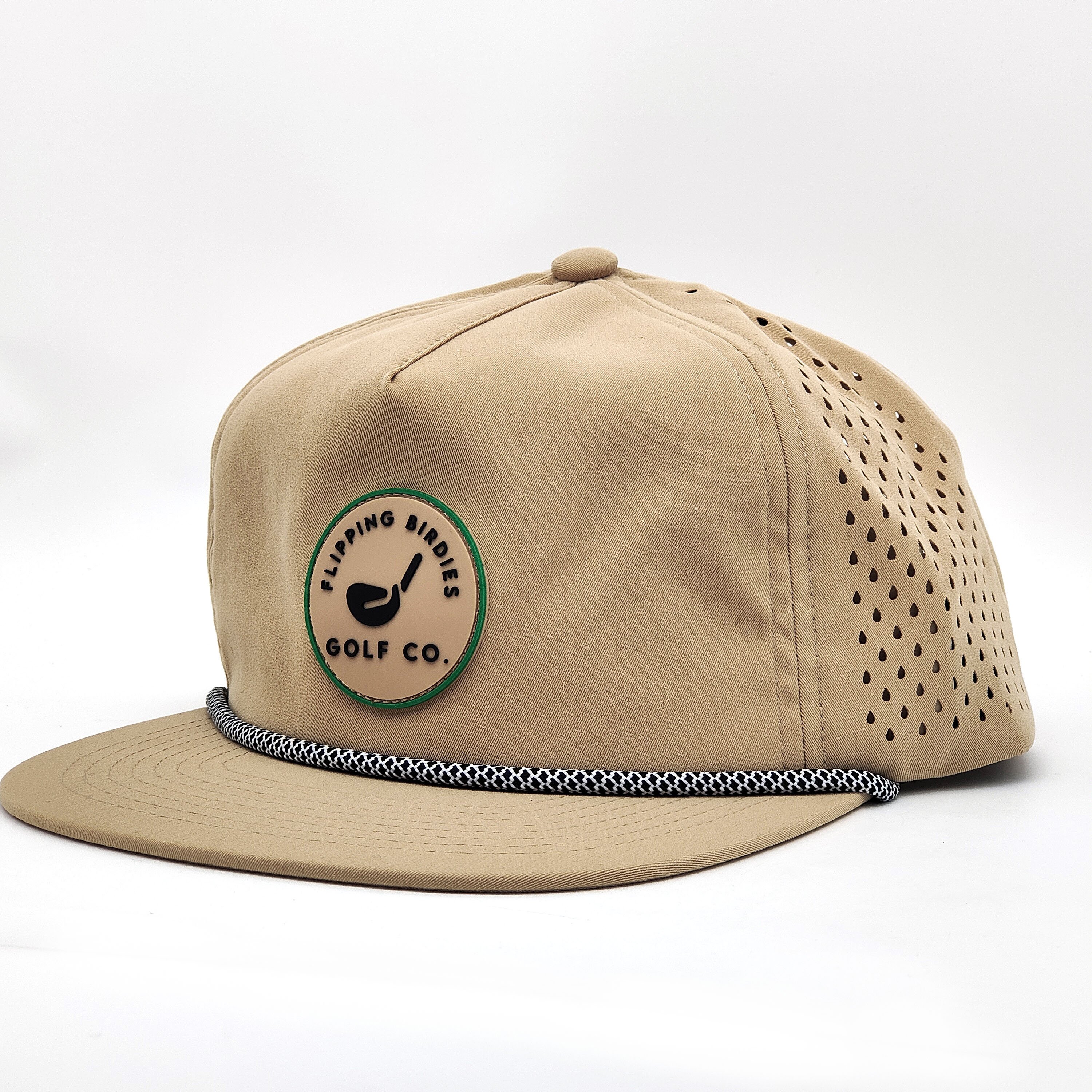 Custom Rubber Logo Flat Brim Trucker Baseball Cap Laser Cut 5 Panel Dad Waterproof Perforated Unstructured Golf Hats With Rope
