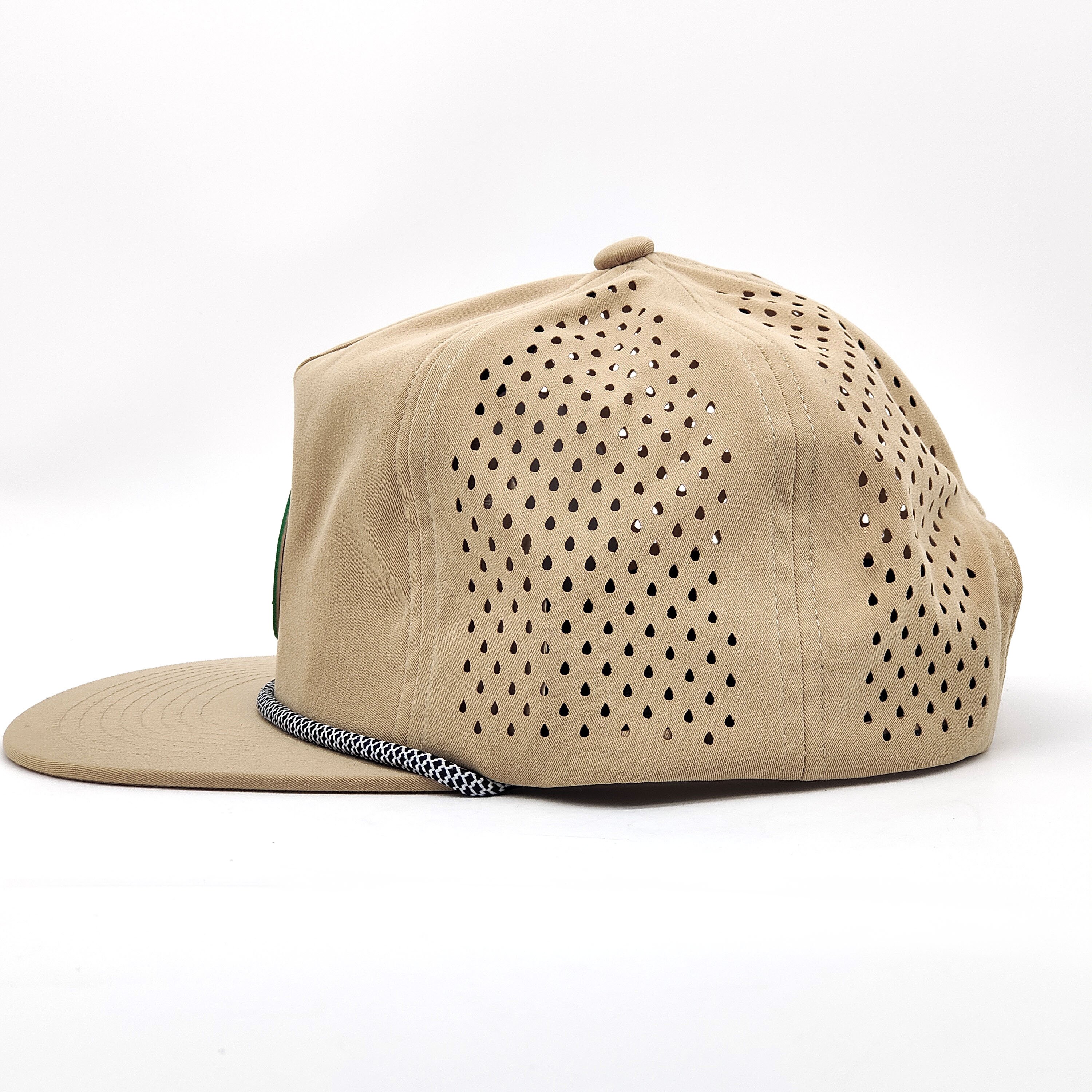 Custom Rubber Logo Flat Brim Trucker Baseball Cap Laser Cut 5 Panel Dad Waterproof Perforated Unstructured Golf Hats With Rope