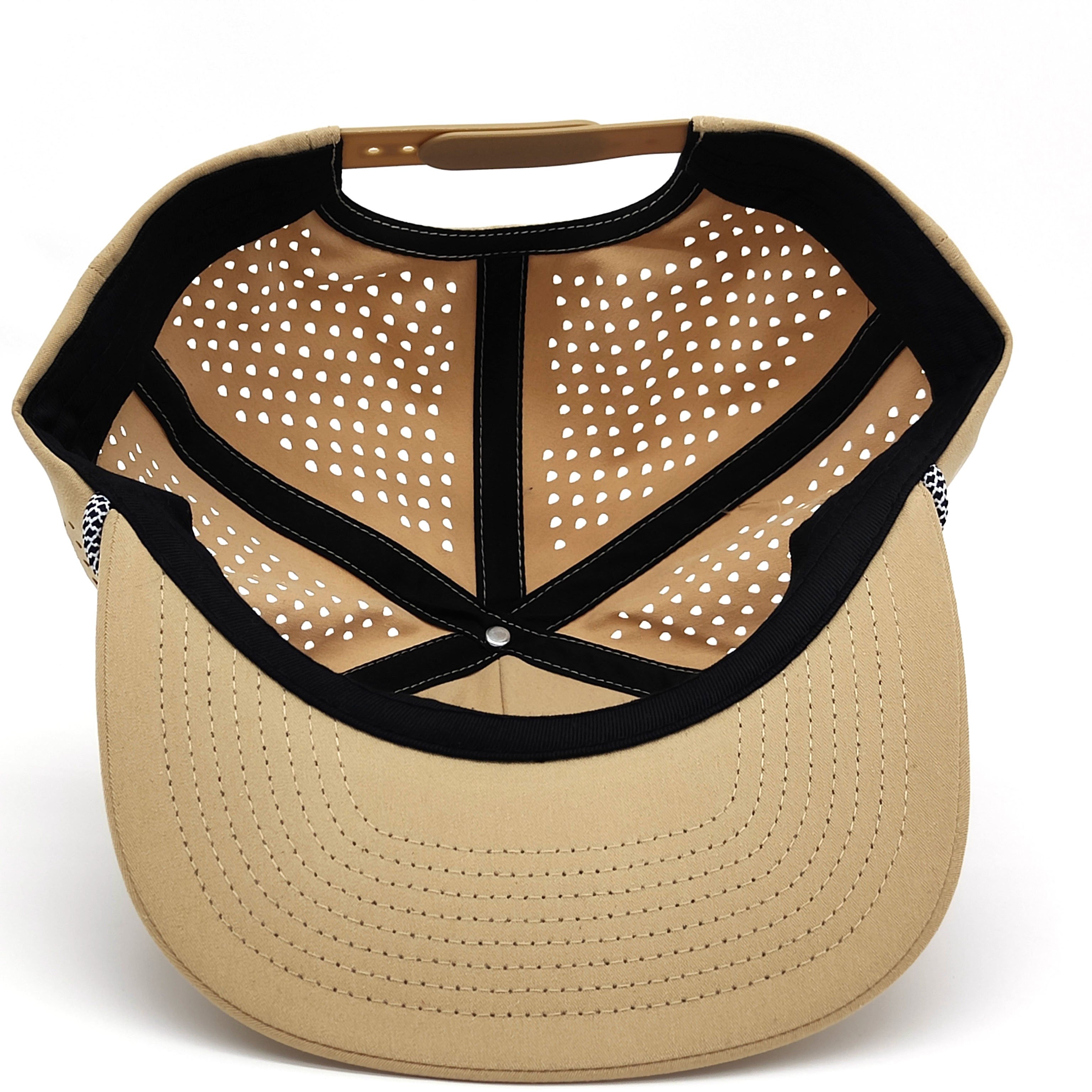 Custom Rubber Logo Flat Brim Trucker Baseball Cap Laser Cut 5 Panel Dad Waterproof Perforated Unstructured Golf Hats With Rope