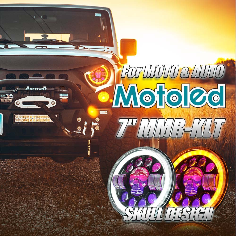 MOTOLED 7 Inch Motorcycle Headlight Skull DRL Projector Lens for Bajaj Boxer BJ100