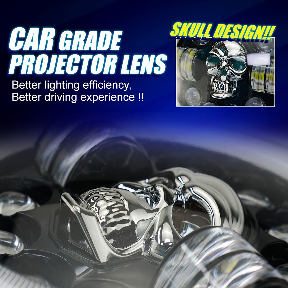 MOTOLED 7 Inch Motorcycle Headlight Skull DRL Projector Lens for Bajaj Boxer BJ100