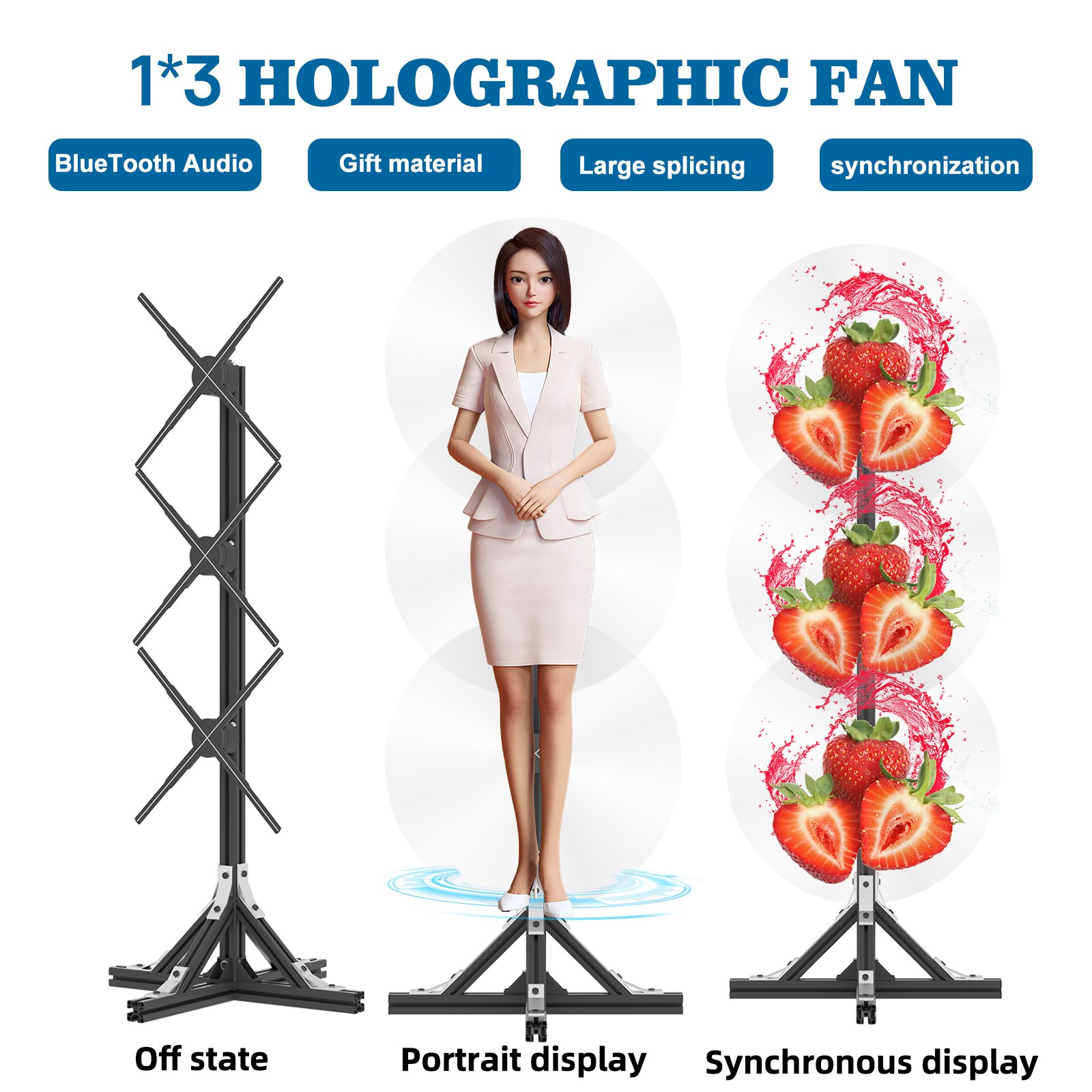 3D Hologram Fan 3d Projector Holographic Portable Aviation Box Digital Stand Human Led Fan 1x3 Splicing with Transparent Cover