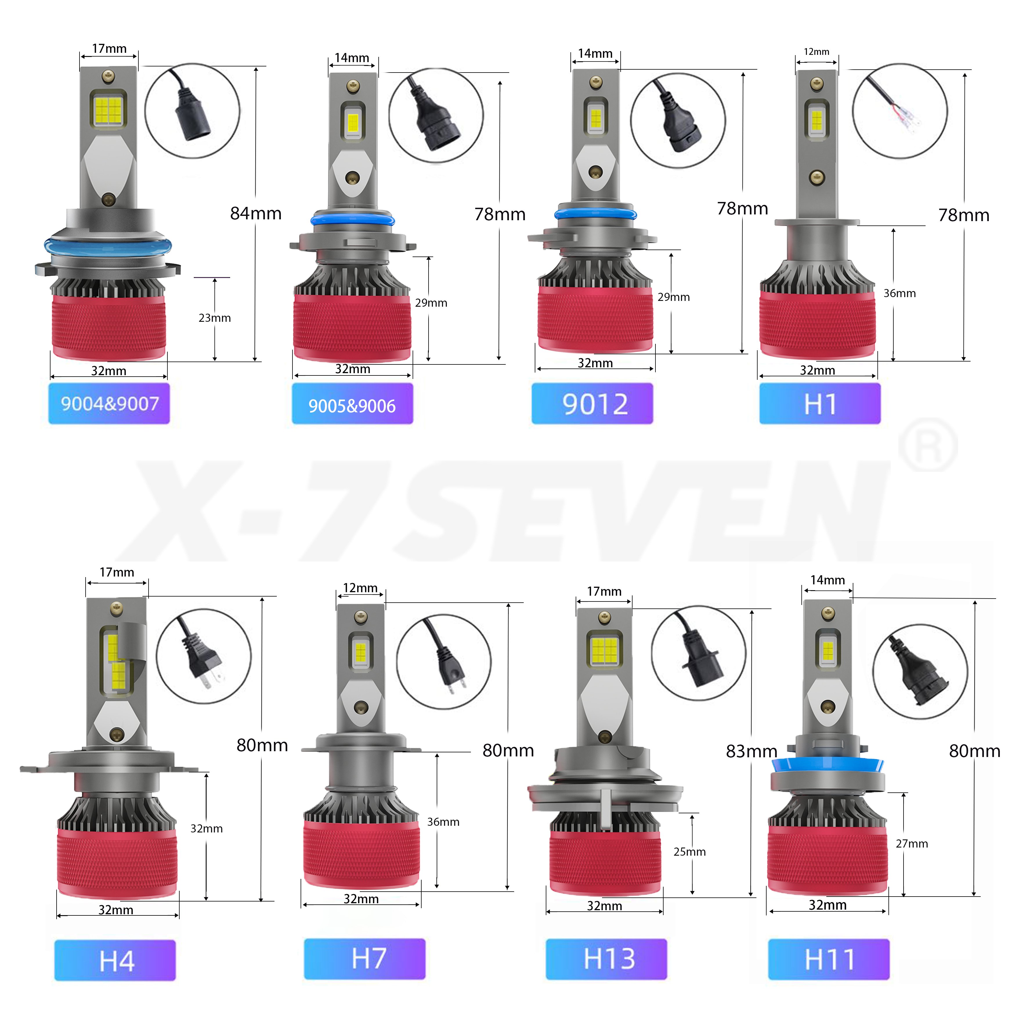 X-7SEVEN Customized CSP Chips XAURPR 12V 110W 26000LM 6500K H8 H9 H11 9005 Single Beam Car LED Headlight Bulbs