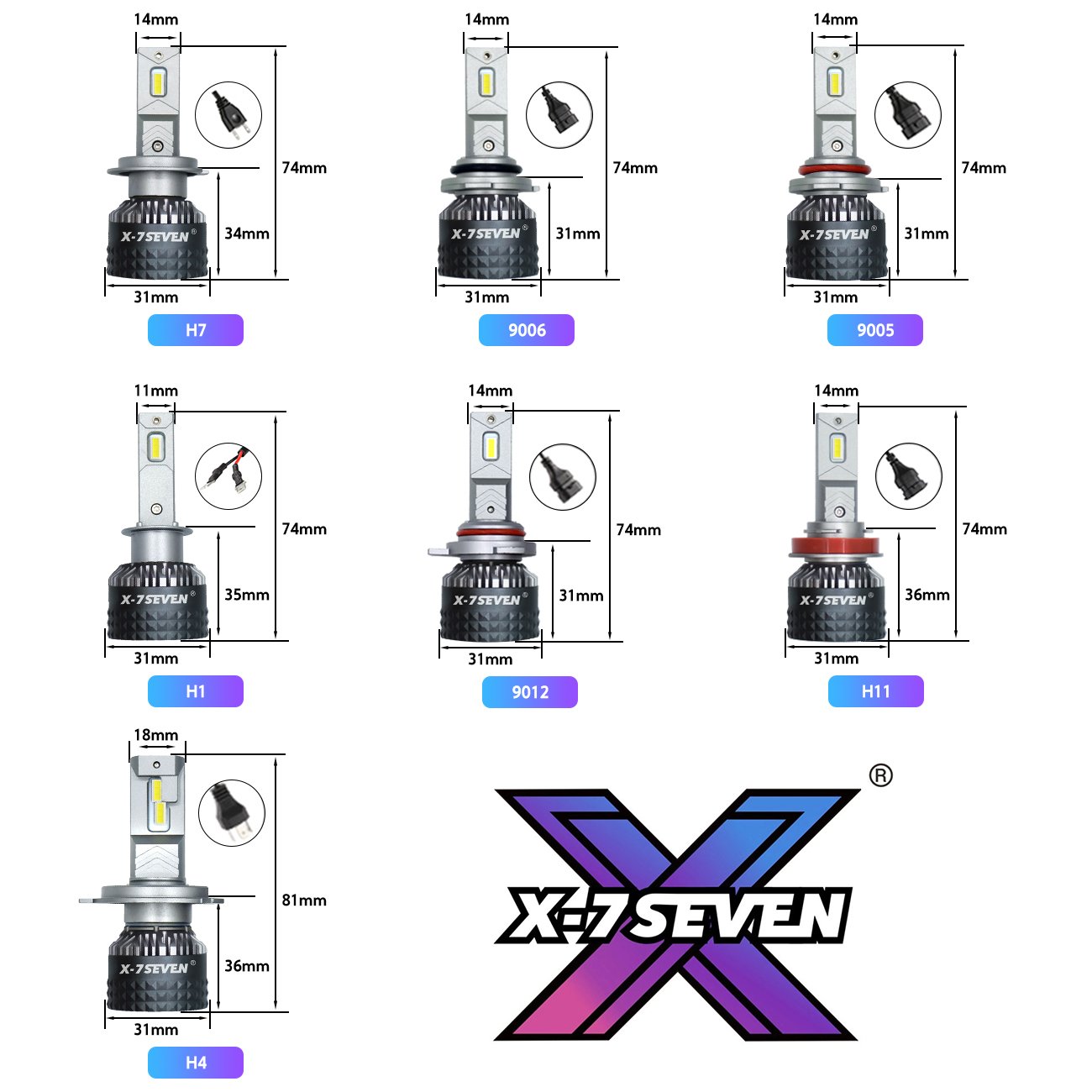 X-7SEVEN High Quality XZEU H11 H7 9005 12v 150W 30000LM With Canbus High Beam Led Car Lights Headlight Bulbs for Universal Cars