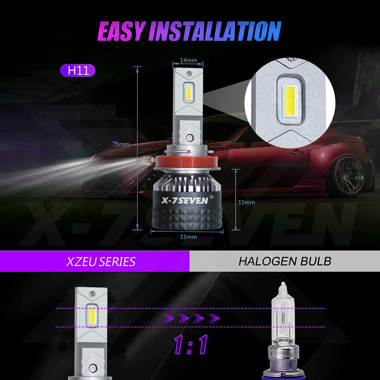 X-7SEVEN High Quality XZEU H11 H7 9005 12v 150W 30000LM With Canbus High Beam Led Car Lights Headlight Bulbs for Universal Cars