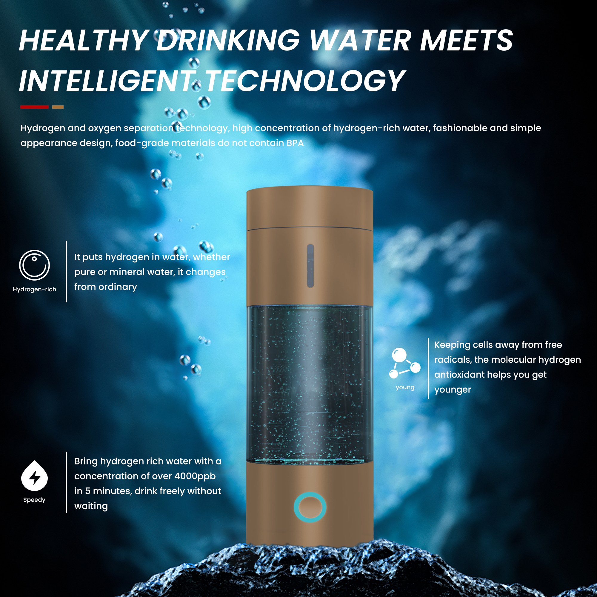 Hydrogen Rich Water Bottle Hydrogen Water Generator Inhaler with Higher Hydrogen Concentration 4000ppb+