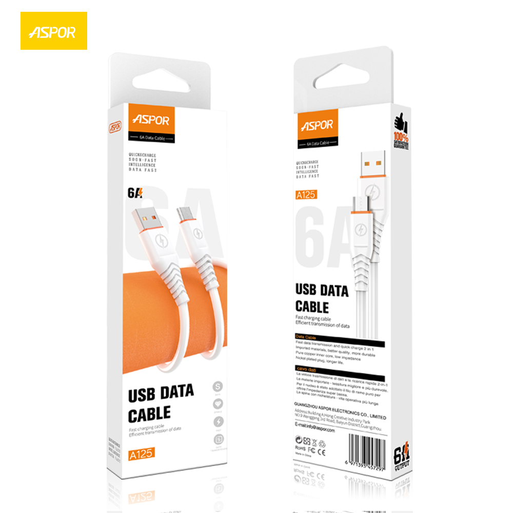 ASPOR A125 PD Type C Cable Usb Cable Commonly Used Accessories & Parts 1m 2m Micro 60W 120W 6A Fast Charging 1m Logo Customize